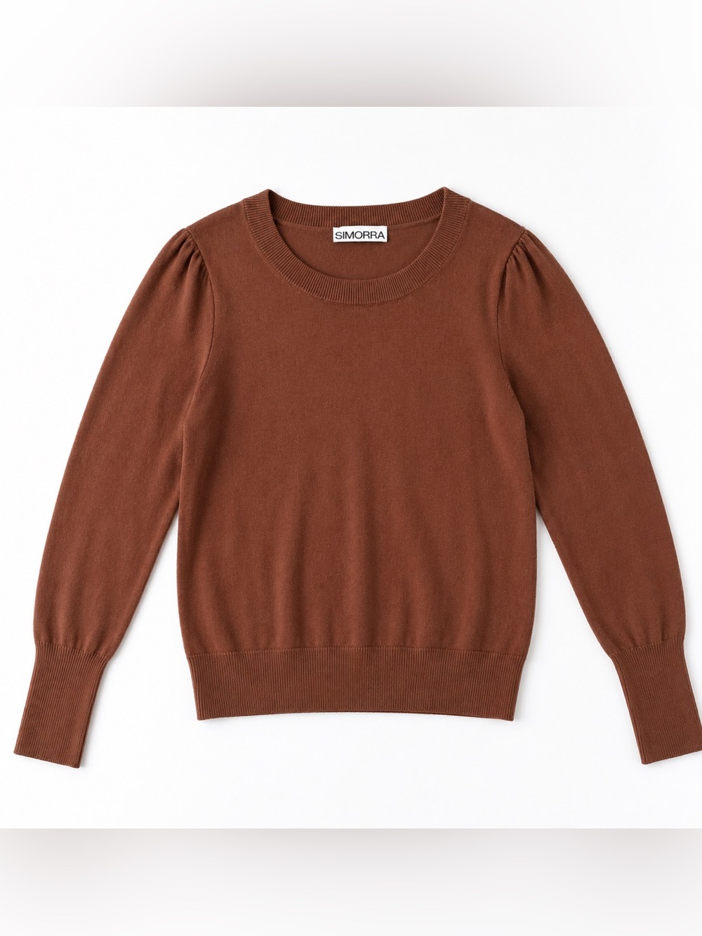 SIMORRA Rust Brown Knit Sweater Puff Shoulder Crewneck Ribbed Trim SZ 4